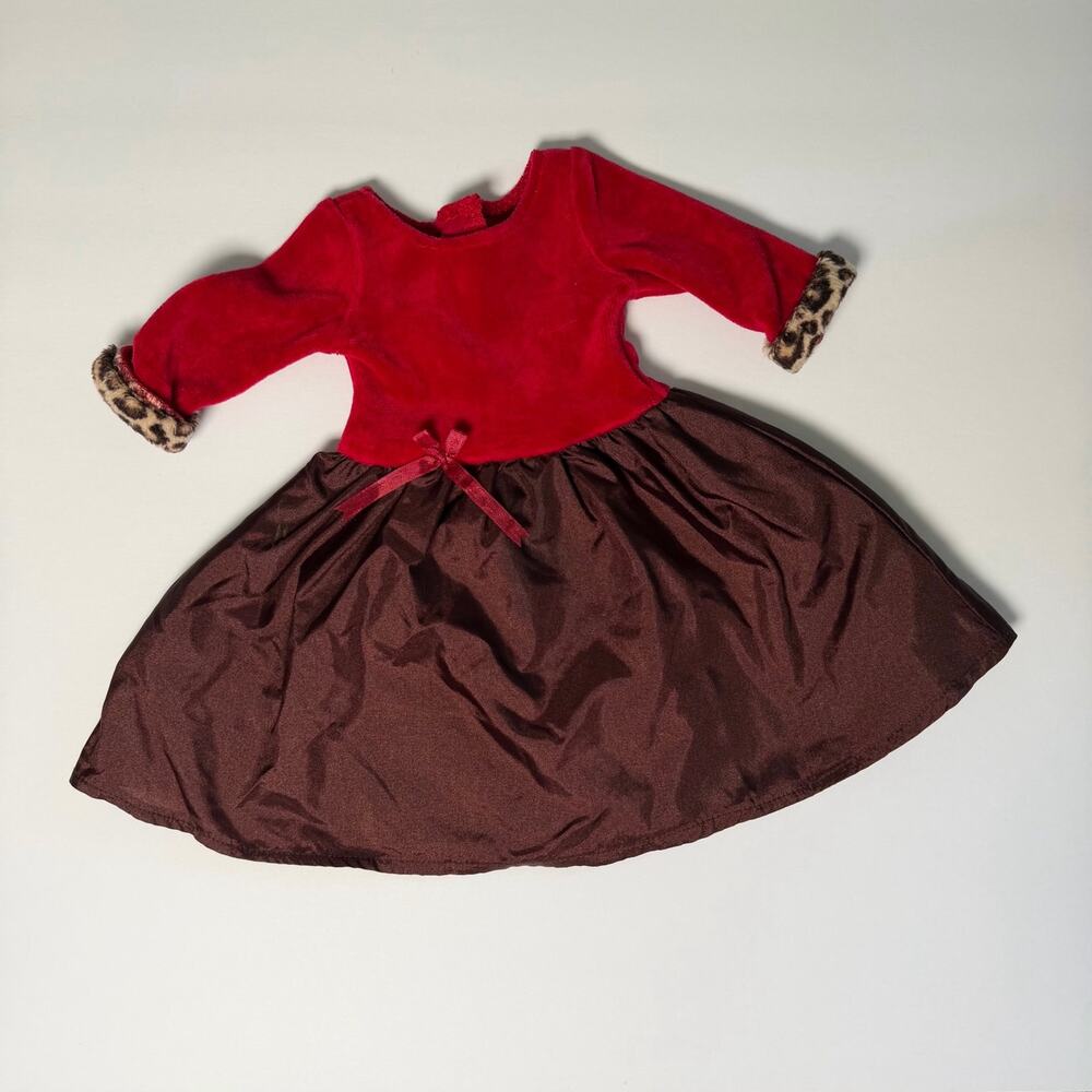 American Girl Chocolate Cherry Dress Red Brown Leopard Trim